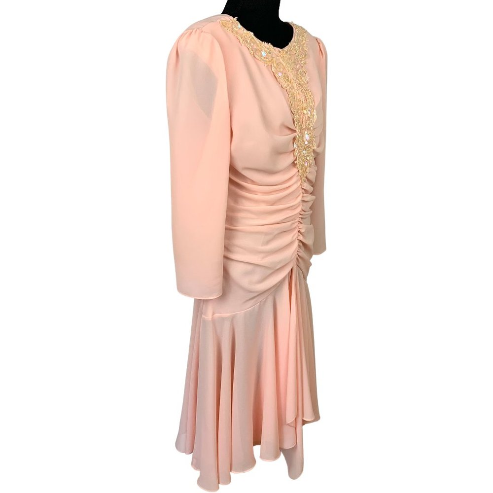 VINTAGE 80s Pink Beaded Long Sleeve Midi Party Dress - Picture 7 of 13